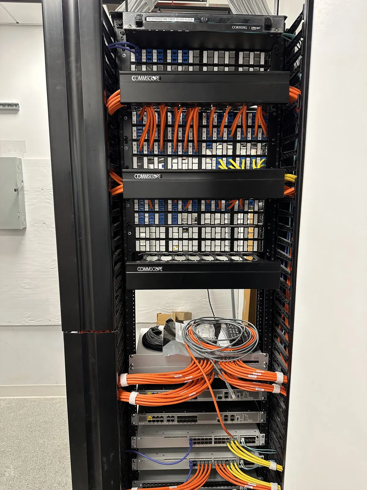 CommScope rack with fiber and copper terminations in a multi-tenant MDF